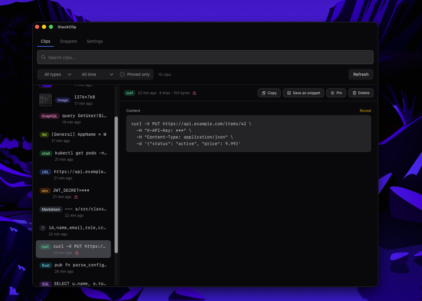 StackClip clipboard history with curl command