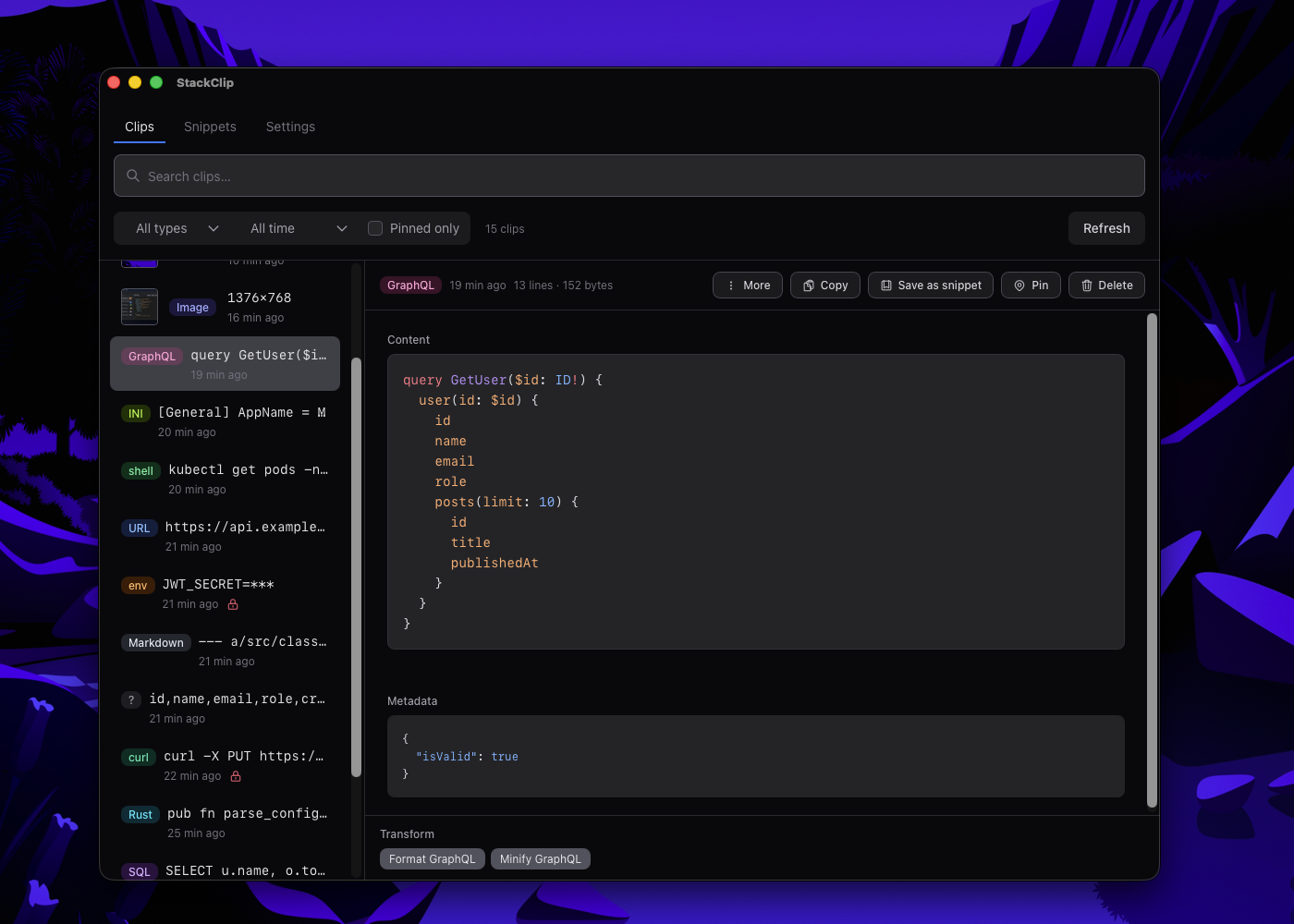 StackClip clip list with type badges for GraphQL, JSON, and other content types