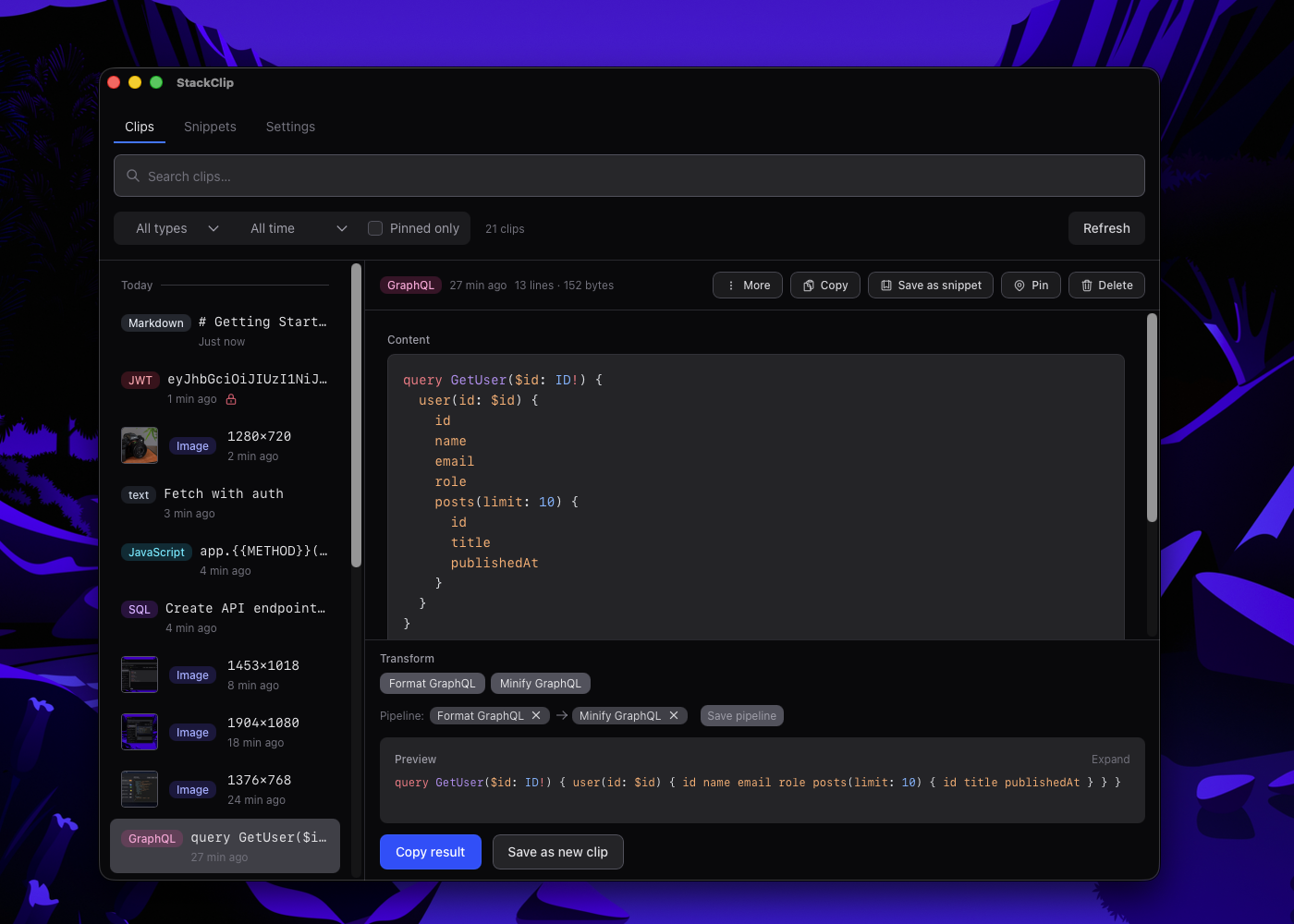 StackClip transform panel with format and copy pipeline