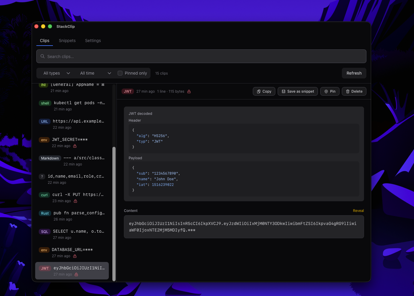 StackClip JWT decode action showing header and payload