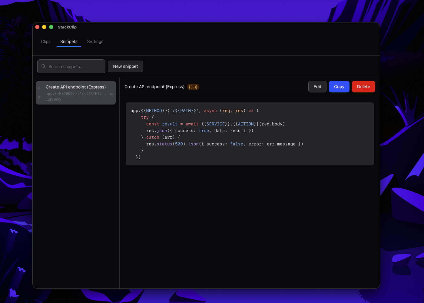 StackClip snippets view with saved boilerplate