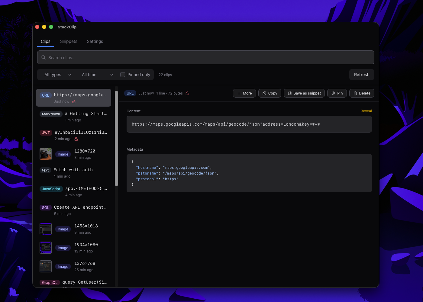 StackClip showing masked URLs and sensitive data
